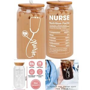 NEW Nurse Nutrition Facts Glass Cup with Lid & Straw